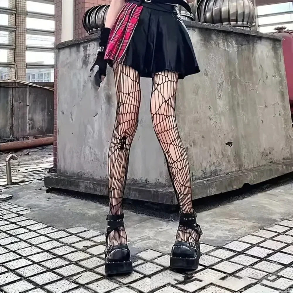 Black Gothic Skull Pattern Fishnet Tights Sexy Hollow Out Mesh Pantyhose OneSize